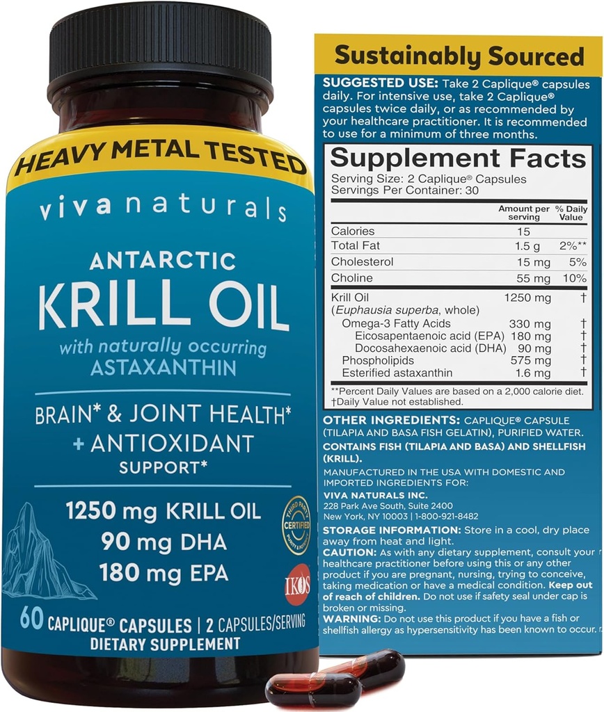 Viva Naturals Antártico Krill Oil Omega 3 Suplementos 1250 mg - DHA EPA Omega-3 " Concentración de Astaxanthin para la salud conjunta, No Fish Burp - 60 Krill Oil Capsules