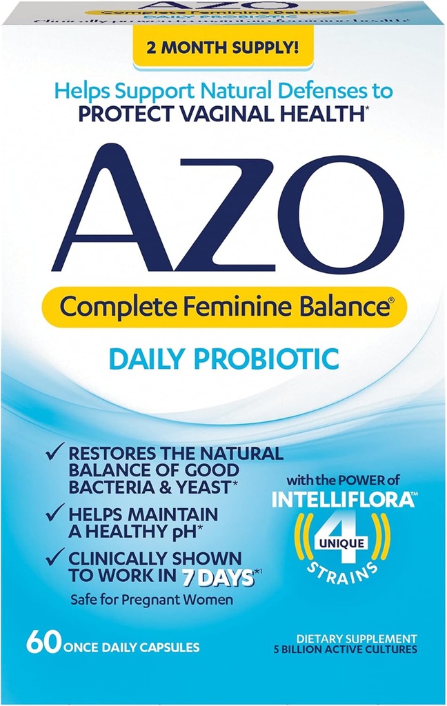 AZO Balance Femenino completo Probióticos diarios para las mujeres, prestados clínicamente para ayudar a proteger la salud vaginal, ayuda a equilibrar pH y levadura, no GMO, 60 cuenta