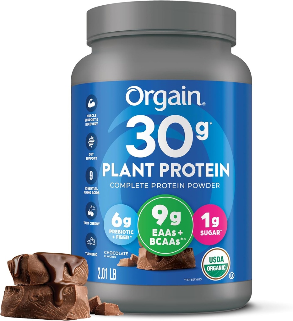 Orgain Orgain Orgain Organic 30g Vegan Protein Powder, Chocolate 9g EAAs + BCAAs, Plant Protein, 6g Prebiotic + Fiber, 1g Sugar, Pre-Workout, Muscle Support + Recovery - 2.01lb (Packaging May Vary)