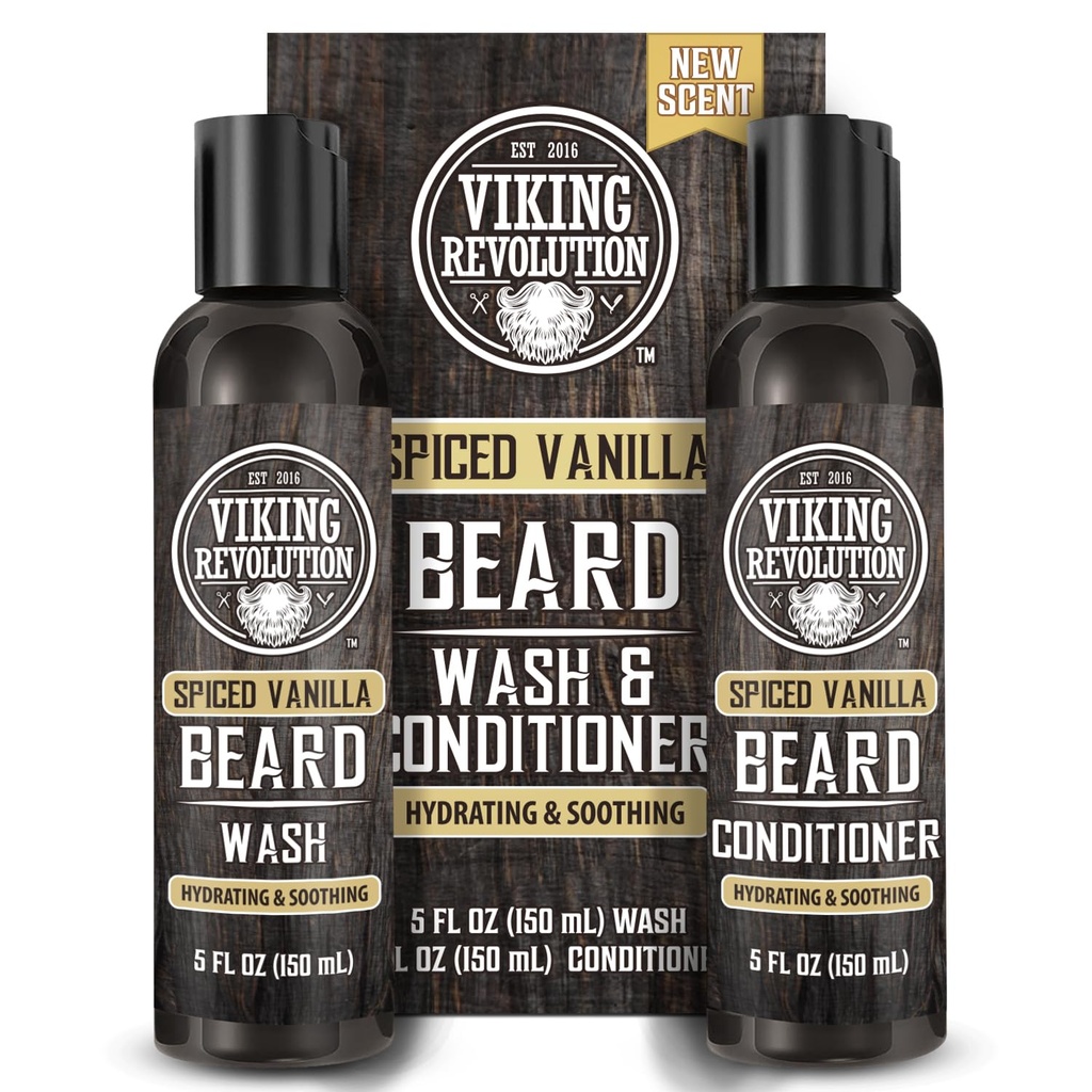 Vikingo Revolucion Beard Wash and Beard Conditioner for Hombres with Argan Oil and Jojoba Oil - Beard Softener and Strengtheninger Beard Care Beard Shampoo and Conditioner with Beard Oil (5oz, Spiced Vanilla)