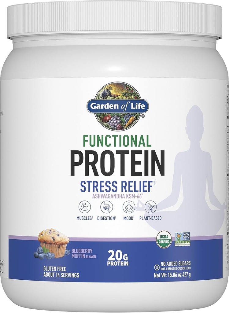 Garden of Life - Funal Protein Stress Relief - 20g Organic Sprouted & Fermented Protein Blend - Blueberry Muffin, Mood Blend for Stress Management, Ashwagandha KSM-66, Vegan - Alrededor de 14 Servings