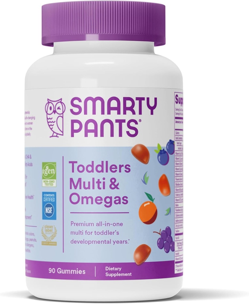 SmartyPants Toddler Multivitamin Gummies: Omega 3 Fish Oil (EPA/DHA), Vitamina D3, C, Vitamina B12, B6, A, K & Zinc, Biotin, Beta Carotene, Gluten Free, Three Fruit Flavors, 90 Cuenta (30 Day Supply)