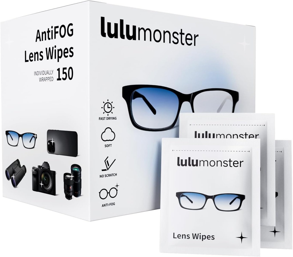 Anti Fog Lens Wipes for Eyeglasses Lulumonster, [150 Pre-Moistened Individually Wrapped Wipes] [No-Scratching " Non-Streaking] Limpiabotas para vidrios, gafas de sol, lentes de la pantalla telefónica, gafas