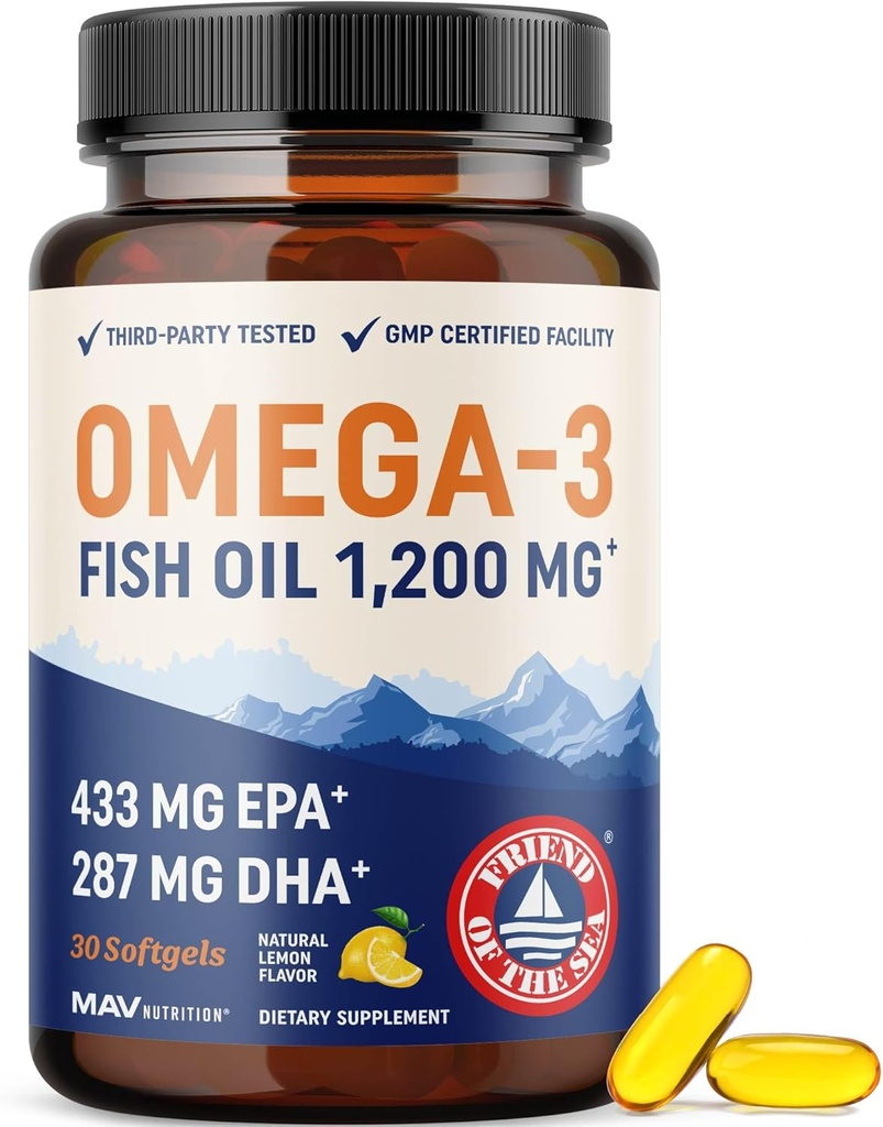 Triple Fuerza Omega 3 Fish Oil 1200 mg TENIDO EPA ' DHA TENIDO Wild Caught, Sosteniblemente Fuente Omega-3 Fatty Acids ANTE Premium Burpless Fish Oil Suplementos ← Non-GMO, Third-Party Tested TEN 30 Softgels