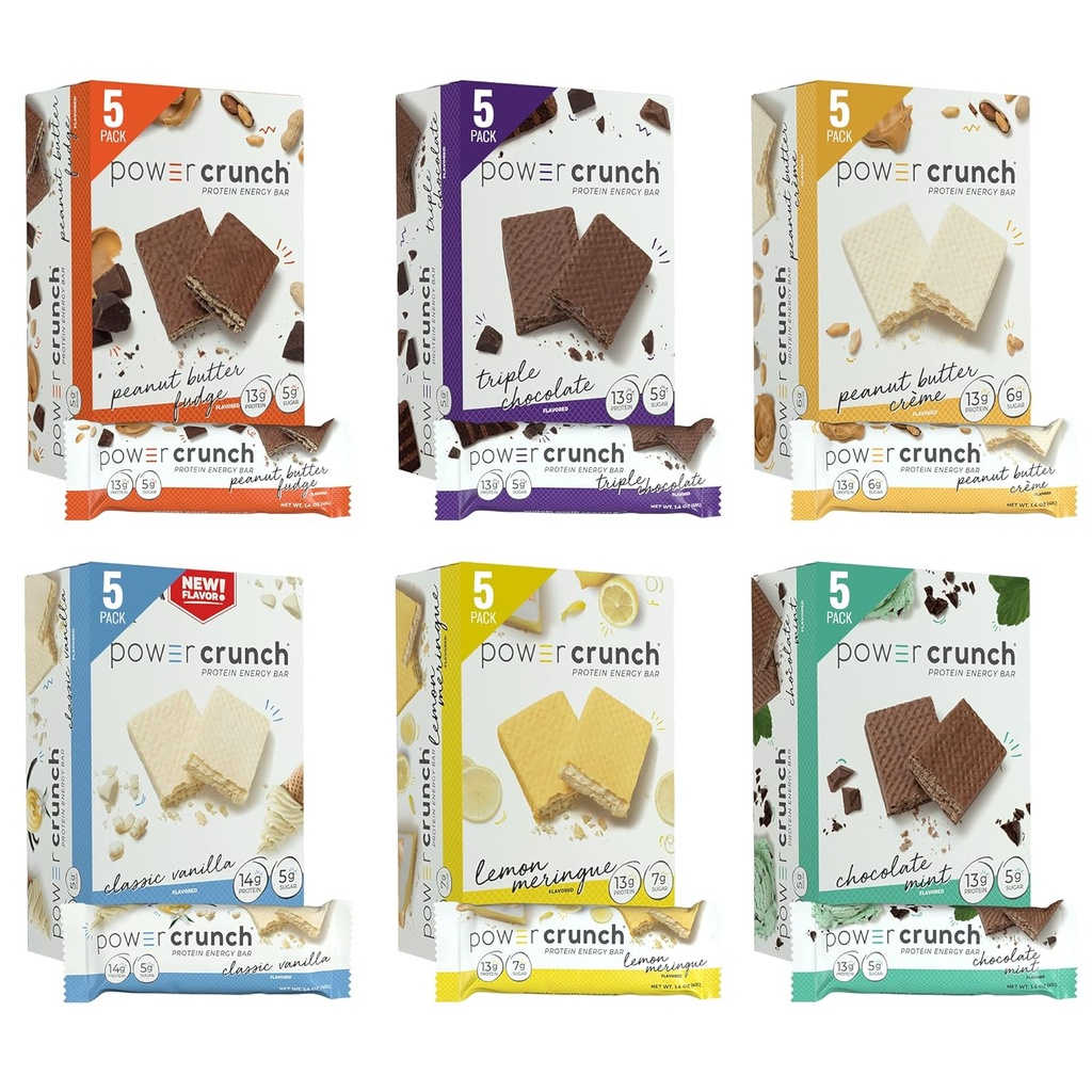 Power Crunch Protein Wafer Bares, Variety Pack, en 6 Flavors 1.4 Ounce Bars (30 Cuenta). Snacks de alta proteína con sabor delicioso