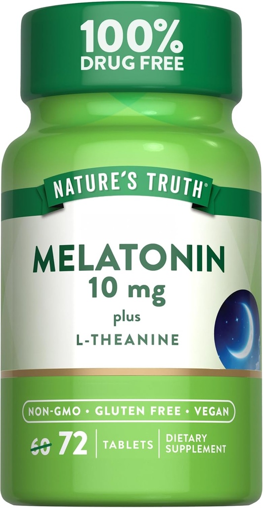 La verdad de la naturaleza Melatonina 10 mg + L-Theanine TEN 72 Tablets TEN Maximum Strength ANTE Vegan, Non-GMO y Gluten Free Supplement