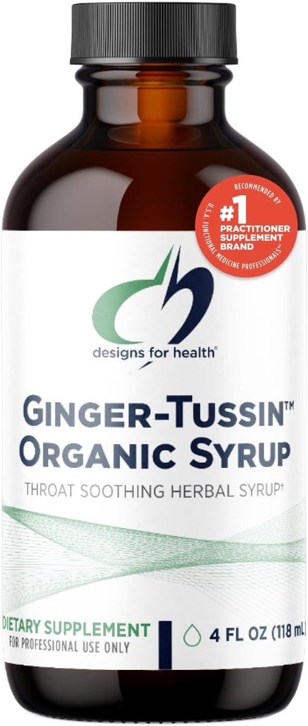 Diseños para brote de raíz de jengibre con miel + cerezo silvestre - Ginger-Tussin Syrup Liquid Immune Support Suplemento - Diseñado para ayudar a calmar la garganta (47 Servings / 4 Fl Oz)