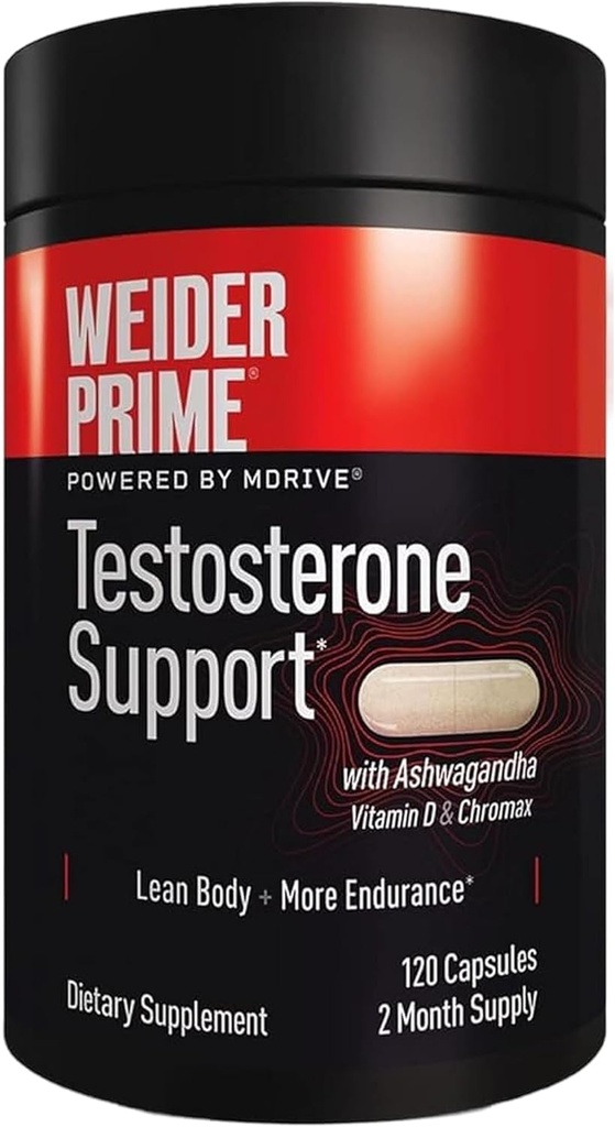 Weider Prime Testosterone Support - Men's Nutrition - Enriched with Vitamins & Minerals - with Ashwagandha, Chromax Chromium, Bioperine & Zinc - Gluten Free - 120 Capsules