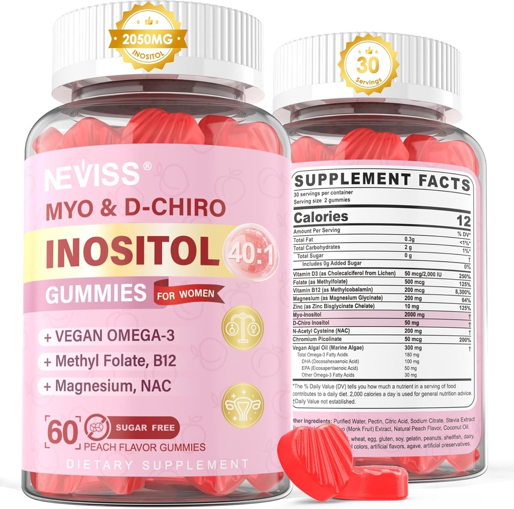 Myo-Inositol & D-Chiro Inositol Gummies Azúcar Gratis, Ideal 40:1 Ratio Inositol Suplemento para Mujeres w/Vegan Omega-3, D3, Magnesio, Folato de Metil, B12, Inositol Multivitamina para la Salud General de la Mujer