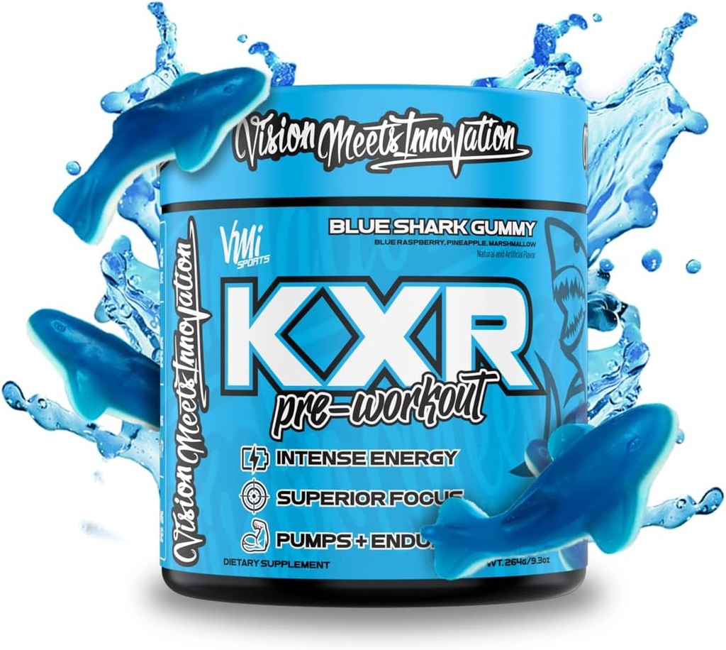 K-XR Pre-Workout Energy Powder ← Intense Energy Pre-Workout Drink for Men and Women Tortura Free ← Mejora el rendimiento - Enhanced Focus &amp; Aumento de la resistencia ← 30 Servings (Blue Shark Gummy)