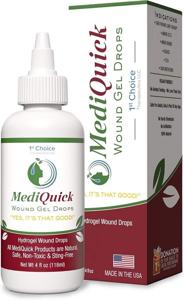 MediQuick Skin &amp; Wound Care Hydrogel Drops - Quick Healing First Aid Drops with 12 Hours Action to Heal Cuts, Burns, Inflammation, Rash, Itch, Eczema &amp; More - Safe Wound Wash with No-Sting - 4 Fl Oz