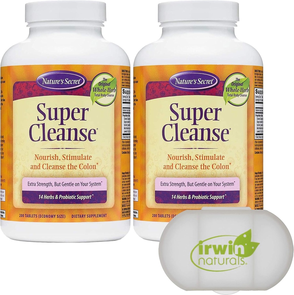 Nature's Secret Super Cleanse Extra Strength Toxin Detox & Gentle Elimination Total Body Cleanse, Digestive & Colon Health Support, 2 Packs of 200 Tablets, with a Pill Case