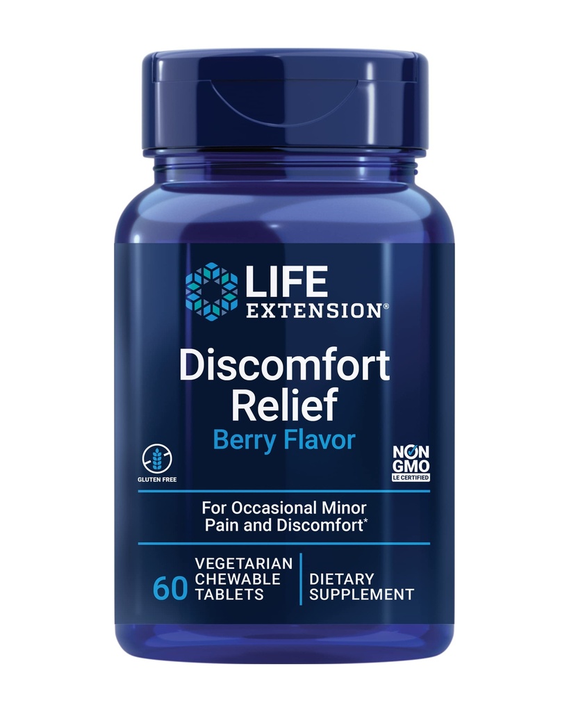 Extensión de la vida Pea Discomfort Relief (Berry Flavor) para el dolor menor ocasional y el malestar – Palmitoylethanolamide Suplemento - Gluten-Free, Non-GMO, Vegetariano – 60 Tablas Chewable