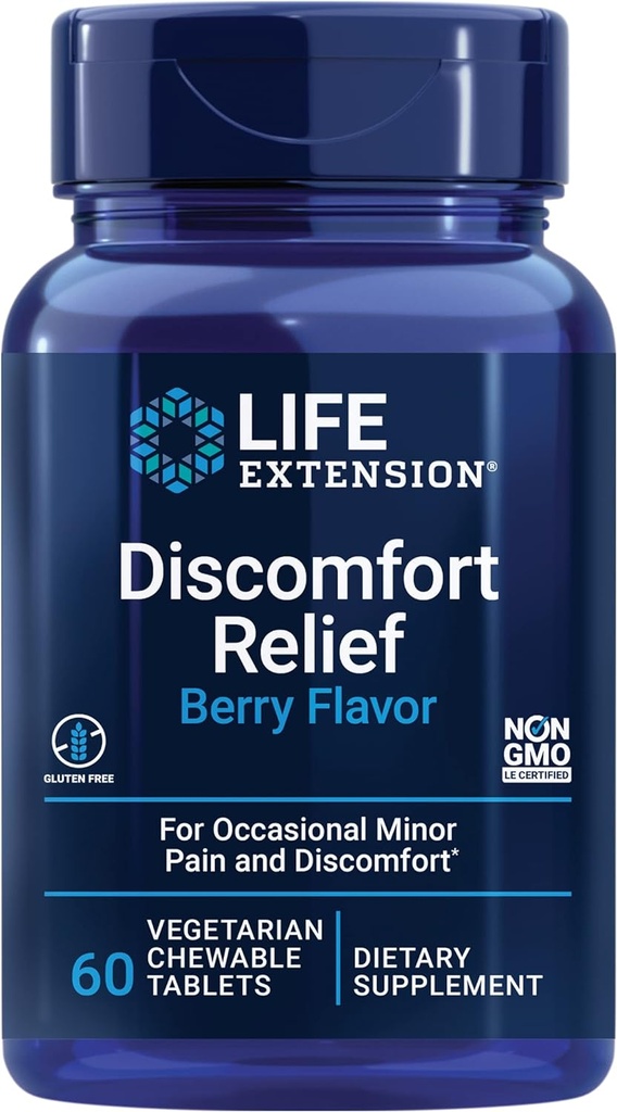 Extensión de la vida Pea Discomfort Relief (Berry Flavor) para el dolor menor ocasional y el malestar – Palmitoylethanolamide Suplemento - Gluten-Free, Non-GMO, Vegetariano – 60 Tablas Chewable