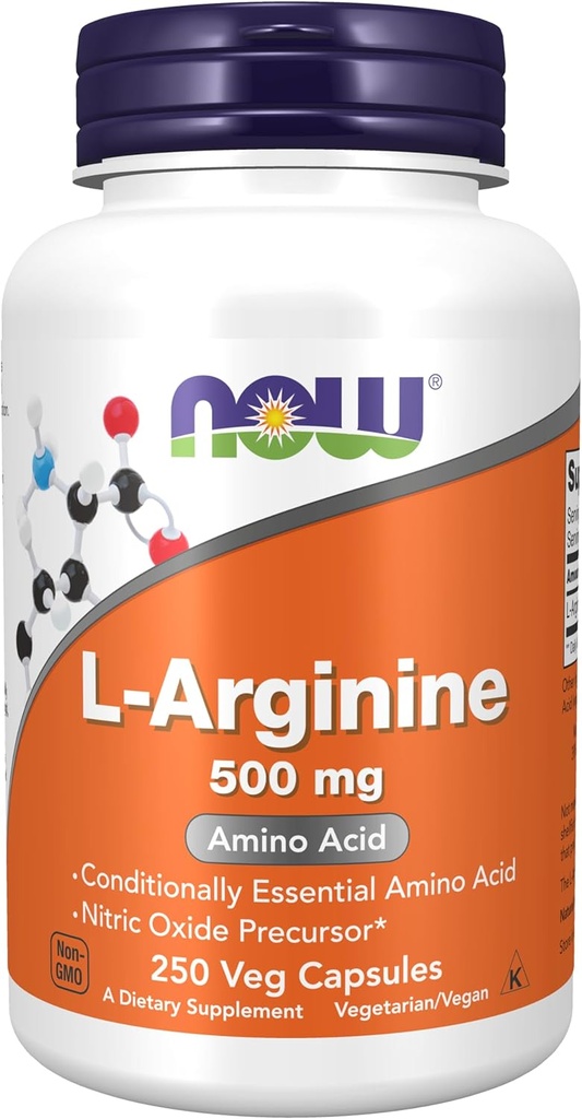 AHORA Suplementos de alimentos, L-Arginina 500 mg, Nitric Oxide Precursor*, Aminoácidos, 250 cápsulas de veg