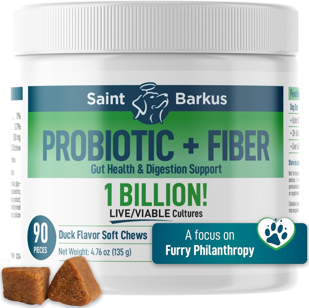 Probiótico + Fiber Regularidad & Salud Digestiva. Suplementos probióticos para perros para Gut Health, Regularity, Upset Stomach, Gas, Yeast. ¡Devuélvete a No-Kill Shelters! Cuenta 90