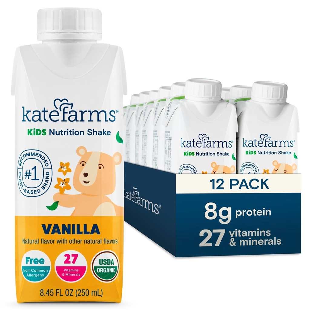 KATE FARMS Organic Kids Nutrition Shake, Vainilla, 8g de proteínas, 27 Vitaminas y Minerales, Bebida de Reemplazo de Comida, Proteína Shake, Gluten Free, Non-GMO, 8.45 Fl oz (Pack of 12)