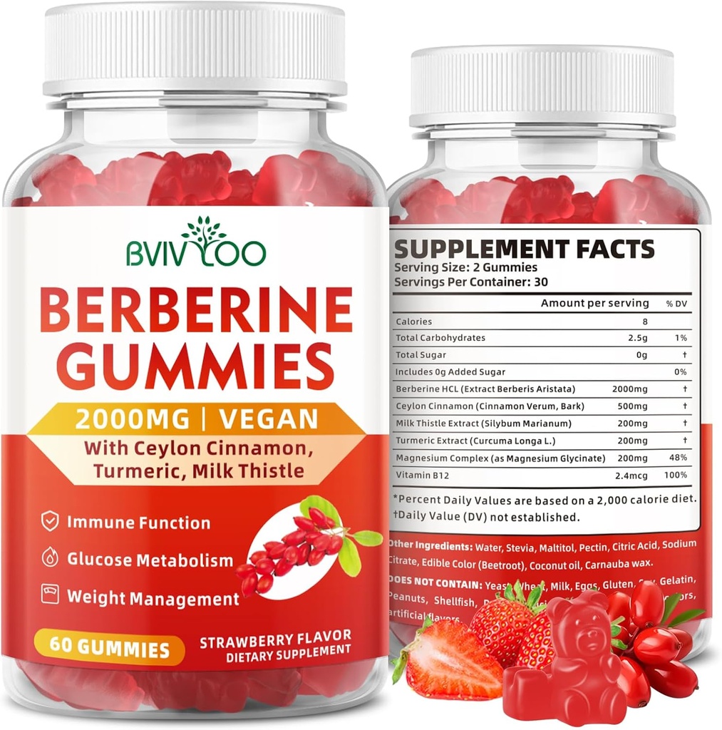 Berberine Gummies,Sugar Free 2000mg High Potency Berberine HCI Supplement, Plus Ceylon Cinnamon, Milk Thistle for Women &amp; Men, Immune System & Metabolism Support - 60 Gummies