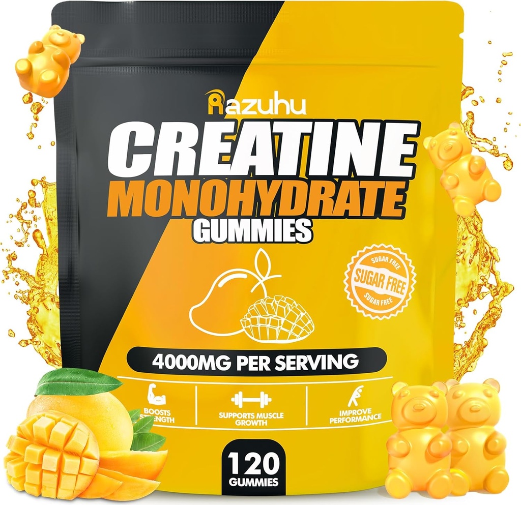 Monohidratos de creatina saboreados Gummies Azúcar Gratis,Pre Workout Suplementos creatina Gummies para Hombre Mujeres,Gym Suplementos,Apoyos Crecimiento muscular,Recuperación, Fuerza,Energía Boost(120 Conteo)-Mango