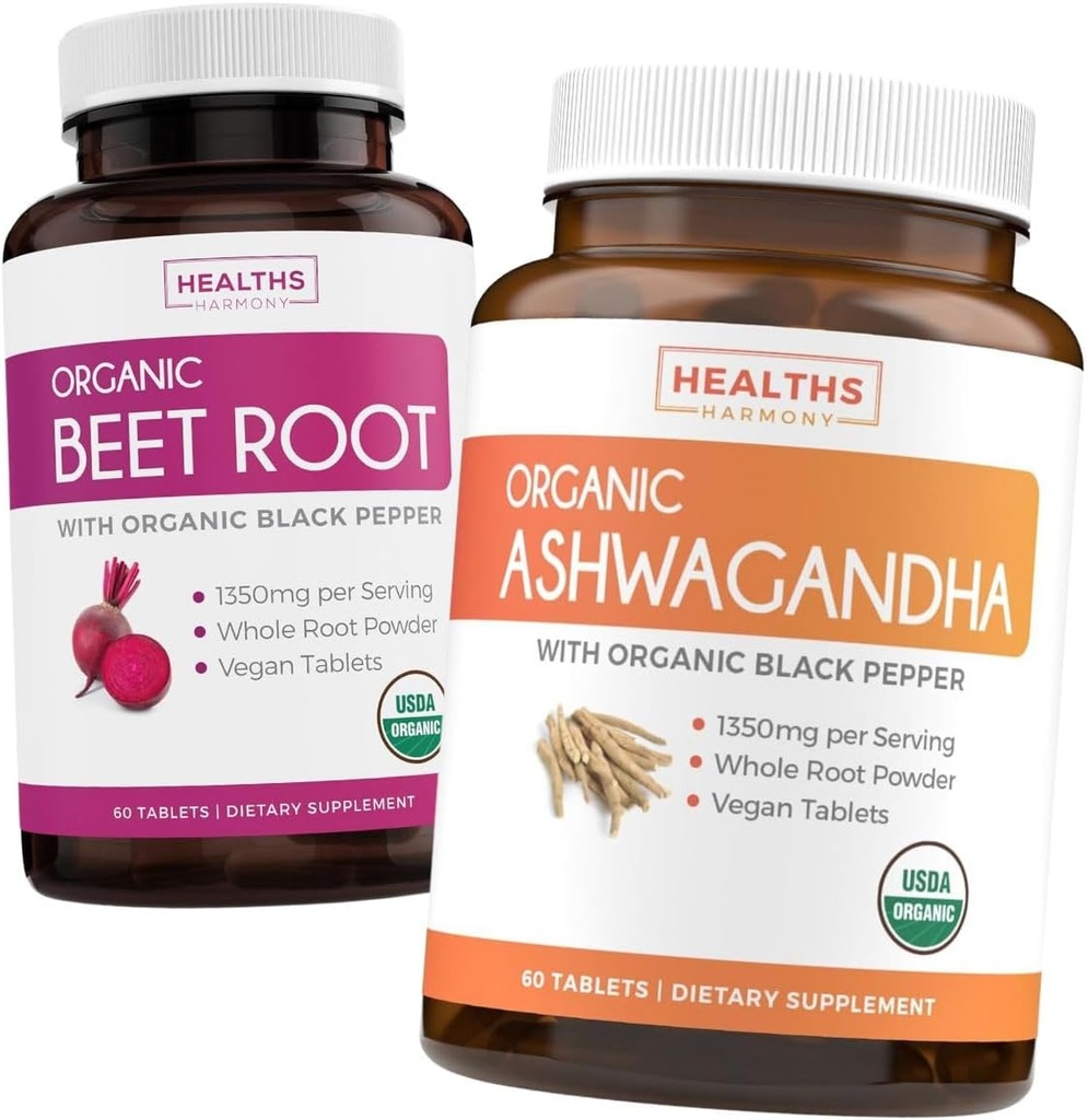 Beet Root & Ashwagandha (1-Month Supply) Vital Energy Blend - Organic Beet Root with Black Pepper for Absorption 1250mg (60 Tablets) & Organic Ashwagandha with Black Pepper 1350mg Por serve (60 Caps)