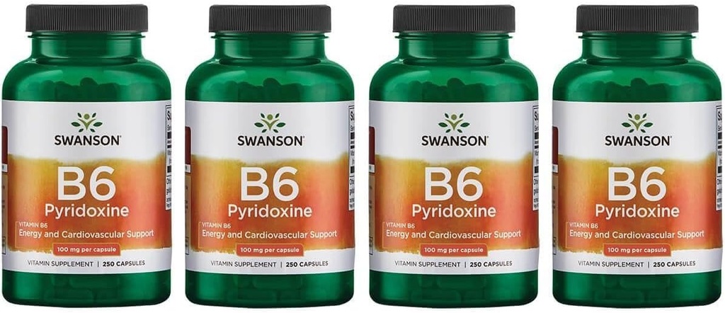 Swanson B6 Pyridoxina - Suplemento de vitaminas Promoción de la salud cardiovascular y el metabolismo energético - Fórmula natural Promoción del bienestar general - (250 cápsulas, 100 mg cada uno) (4 paquete)