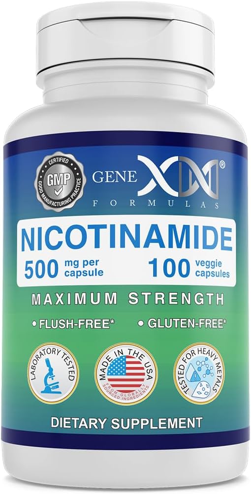 Fórmulas Genex - Nicotinamide 500mg Vitamina B3 Flush Capsules de Niacina gratis para la piel sana - Niacinamide Suplemento Píldoras Ayuda Produce Keratin &amp; Support Skin Cell Health & Energy - (100 cápsulas)