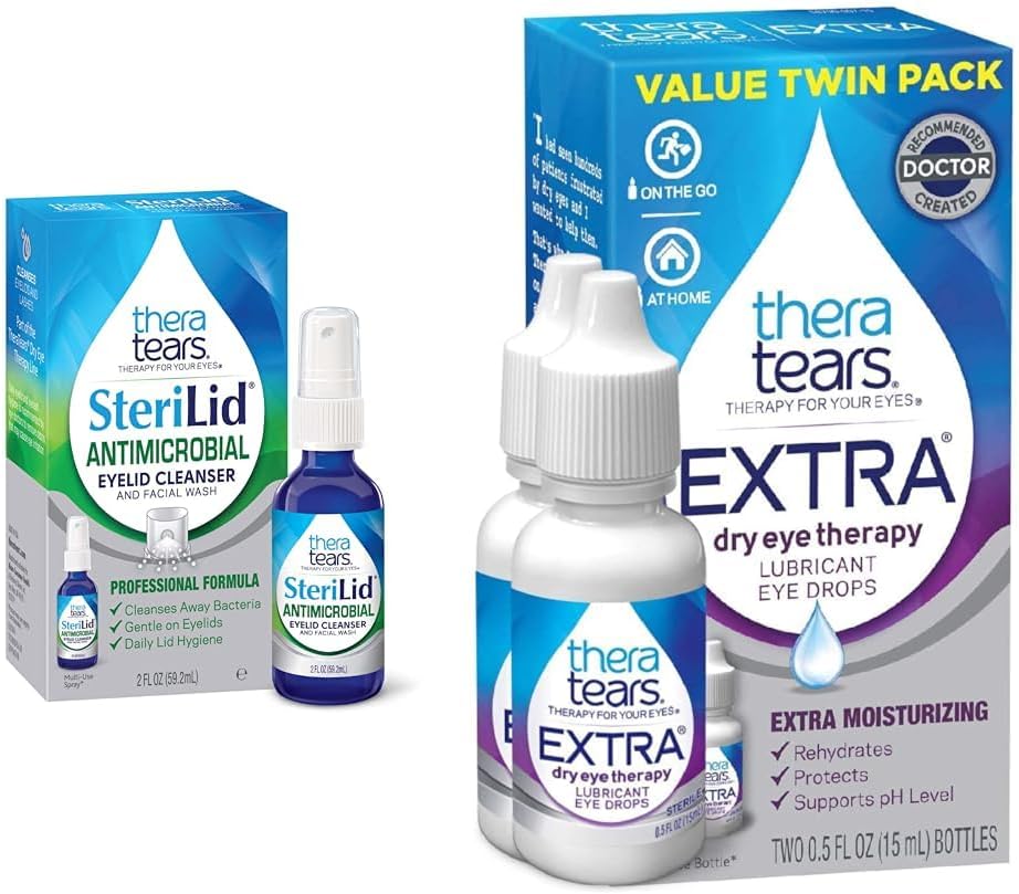 TheraTears Extra Dry Eye Therapy Lubricating Eye Drops for Dry Eyes, 0,5 fl oz Bottle, 2 Count " SteriLid Eyelid Cleanser and Face Wash, for irritated eyes, 2 fl oz Spray