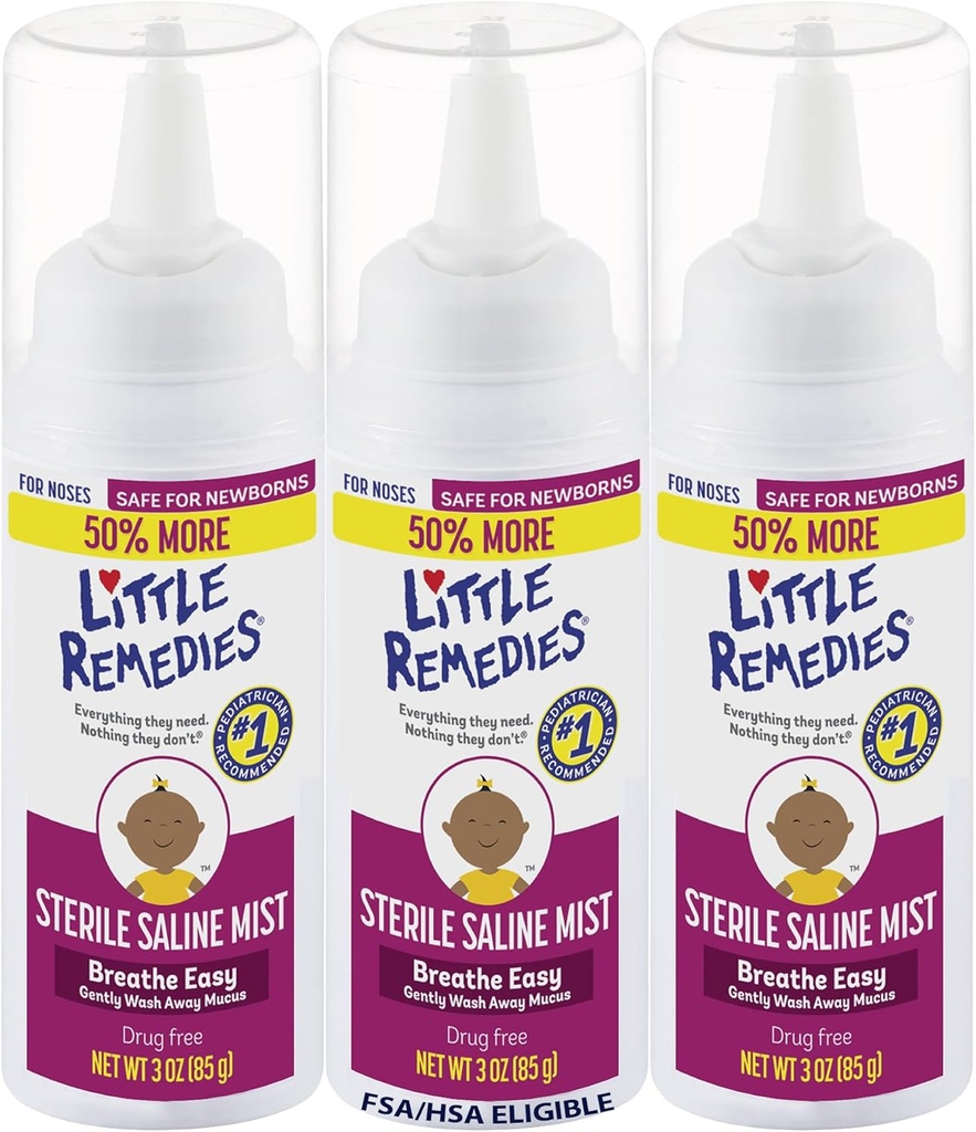 Remedios pequeños Sterile Baby Saline Nasal Mist, Seguro para los recién nacidos para aliviar las náuseas suaves y secas, 3 Fl Oz, Pack de 3