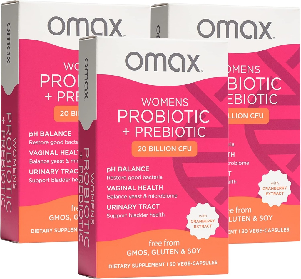 Omax3 Womens Probiótico + Prebiótico, Cranberry & Chicory Root, 20 Billion CFU, 6 Strains clínicamente Provenidos, Vaginal pH, UTI, Bloating, (Packaging May Vary)