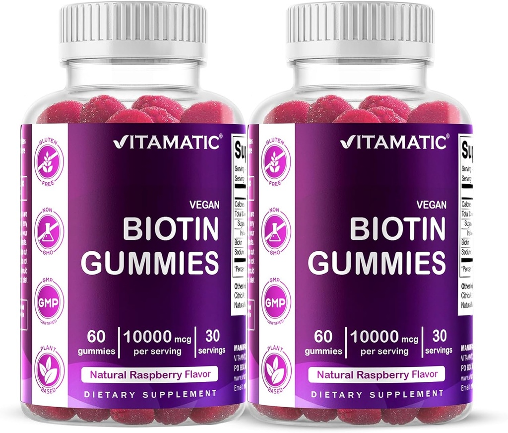 Vitamatic Biotin Gummies 10,000 mcg for Stronger Hair, Skin & Nails - 60 Gummies Vegan - También llamada Vitamina B7 (2 Botellas)