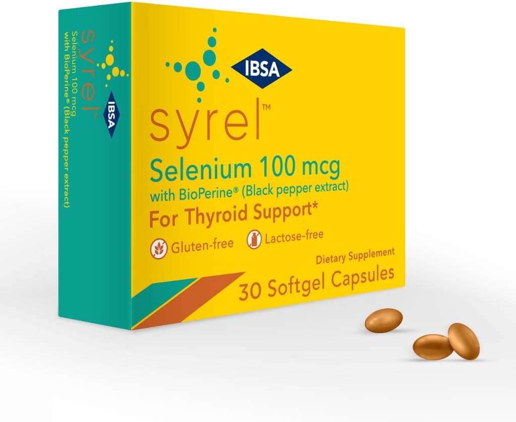 Syrel - Suplemento de soporte de tiroides – 100mcg Selenium y 5mg BioPerine - 30 cápsulas de gel blando para aumentar la biodisponibilidad y absorción - libre de gluten, libre de lactosa, libre de azúcar, no GMO