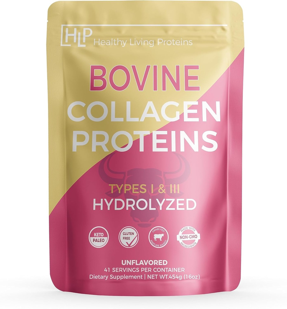 Healthy Living Proteins - Hydrolyzed Bovine - Protein Collagen Type 1 & 3 Unflavored -Collagen Powder - Grass Fed, Pastured Rasied - Bovine Peptides - Keto & Paleo - Gluten Free (Unflavored 16 oz)
