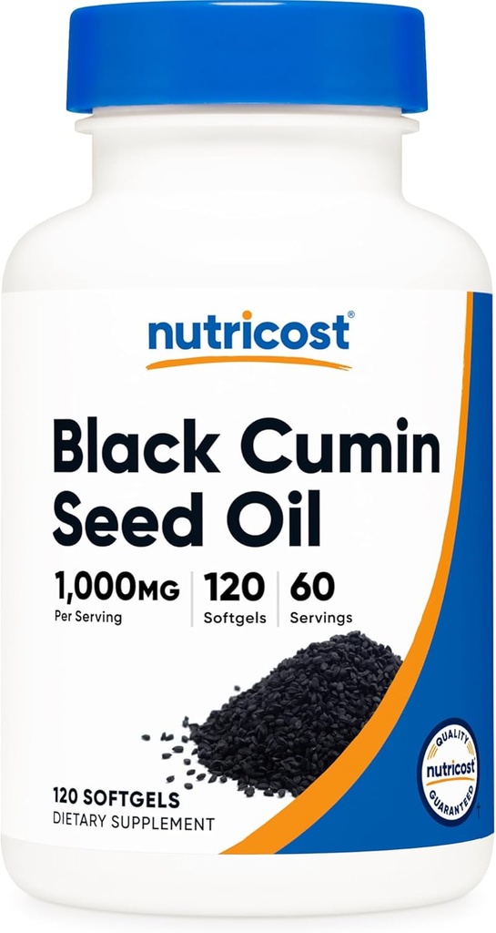 Nutricost Black Seed Oil (Cumin) - Cold Pressed, Source of Omega 3 6 9-120 Softgels, 1000mg Por Serving, 60 Servings - Non-GMO y Gluten Free