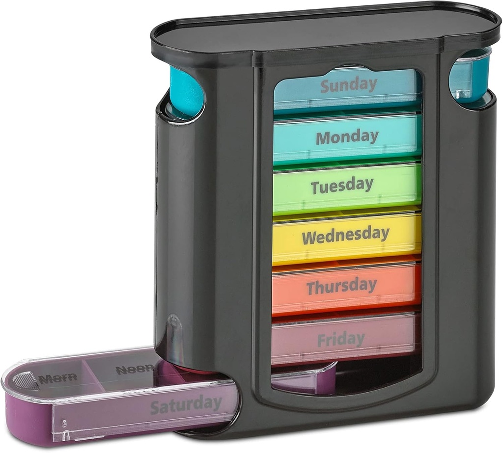Organizador semanal de píldoras, 1 dispensador, 7 compartimentos estables Four Times-a-Day - Morning, Noon, Evening y Bedtime, Black