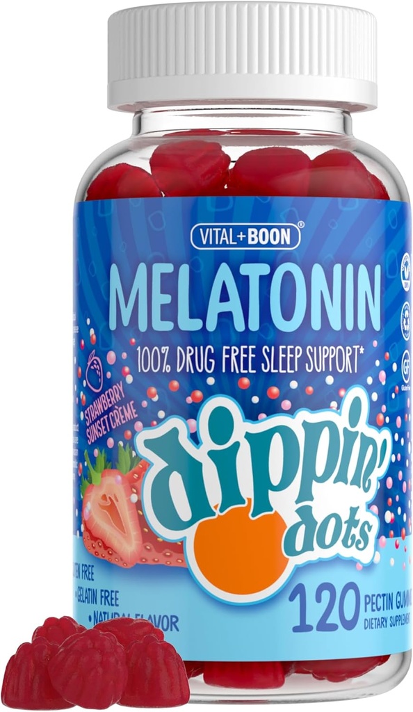 Dippin' Dots - Melatonin Sleep Support Gummies (120 Conde) Strawberry Sunset Creme Flavor Chews ← 2.5mg Per Gummy Sleep Supplement for Children and Adults ← Suplemento para más rápido Más rápido