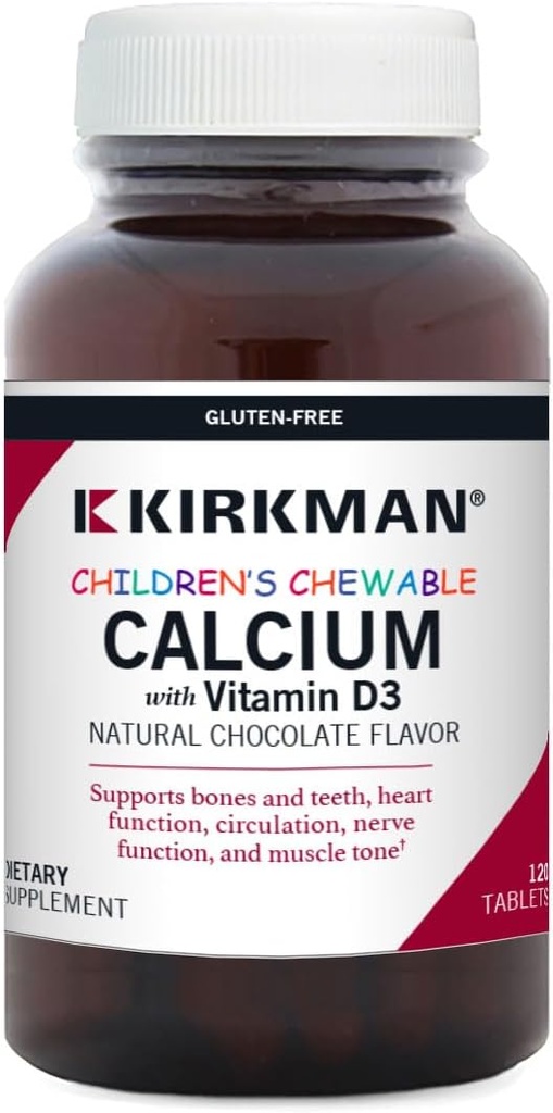 Calcio Chewable Infantil con Vitamina D3, Chocolate Natural, 120 Tabletas, Laboratorios Kirkman