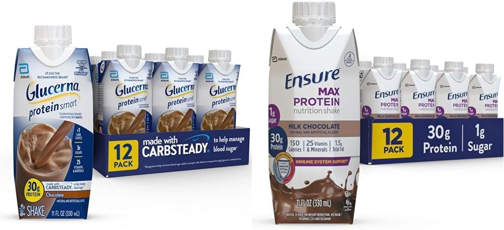 Glucerna Protein Smart Nutritional Shake &amp; Ensure Max Protein Nutrition Shake with 30g of Protein, 1g of Sugar, High Protein Shake, Milk Chocolate, 11 Fl Oz (Pack of 12), Liquid, Halal