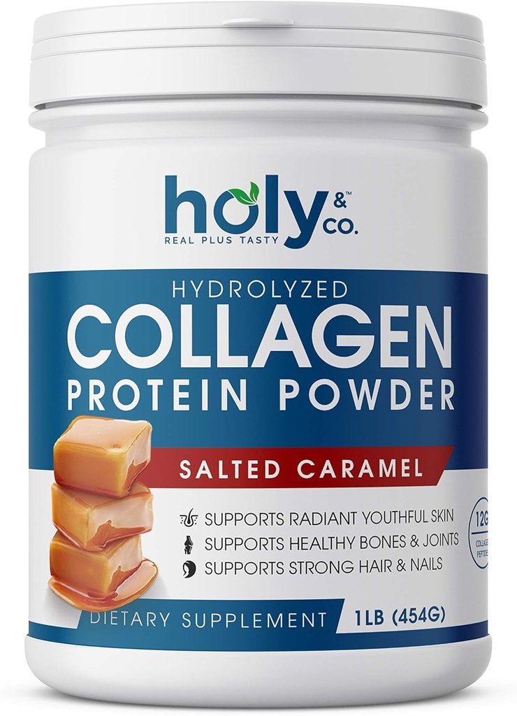 Holy and Co. Collagen Peptides Protein Powder for Men and Women - Non-GMO, Keto/Paleo Friendly, Kosher & Gluten Free - Salted Caramel 16oz (1LB)