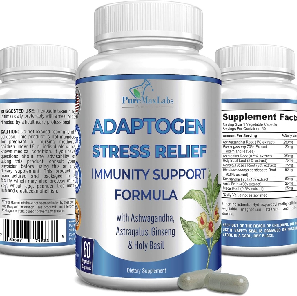 Adaptogen Stress Relief Immune Support Formula - Adaptogenic Adrenal Support with Ashwagandha, Astragalus, Ginseng, Holy Basil, Rhodiola, Amla, Maca, Schisandra, Non-GMO - 60 cápsulas