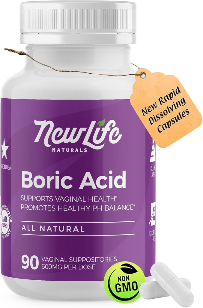 NewLife Naturals - Medical Grade Boric Acid Vaginal Suppositories - 600mg - 100% Pure Womens pH Balance Pills - Infección de levadura, BV - 90 cápsulas: Hecho en USA