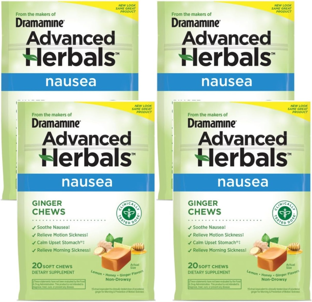 Dramamine Ginger Chews, Ayuda con Nausea, Lemon Honey Ginger Flavor, 20 Soft Chews (Pack of 4)