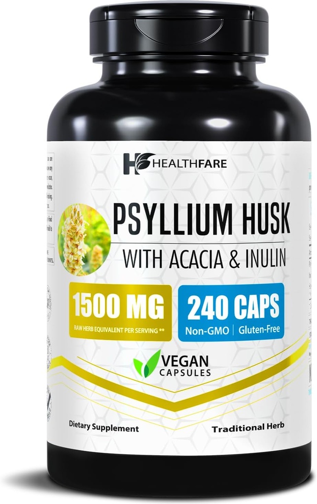 Healthfare Psyllium Husk Fiber 1500mg ← 240 Vegan Capsules ← Extra Strength Fiber Supplement ← Apoyo Digestive Health TEN Non-GMO, Gluten-Free TEN Made in USA