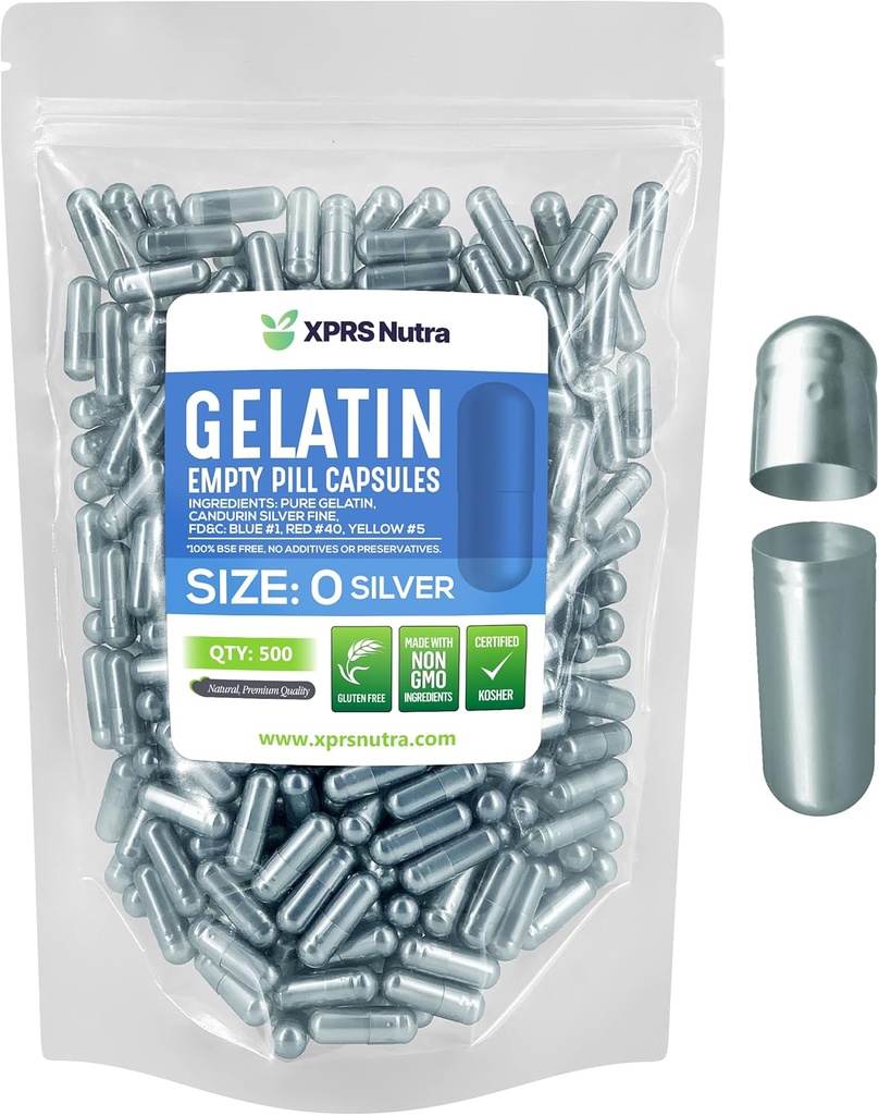 XPRS Nutra Size 0 Empty Capsules - 500 Count Empty Gelatin Capsules - Pills DIY Capsule Filling - Pure Bovine Pill Gel Caps for Do-It-youself Supplements (Silver)