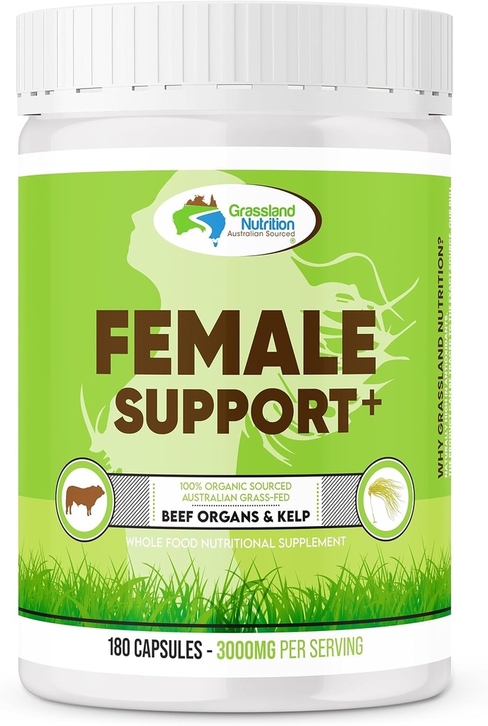 GRASSLAND NUTRITION 100% Organic Australian: Female Support Beef Organ Blend - High in CoQ10, B12, Iodine (180 cápsulas)