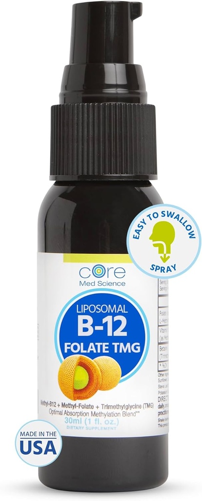 Core Med Science Liposomal B12 Folate TMG Liquid Spray Supplement for Women & Men - Supports Mood, Cognitive, & Heart Health - Vitamin B9 & Betaine for Homocysteine Levels & Methylation Cycle, 1 Fl Oz