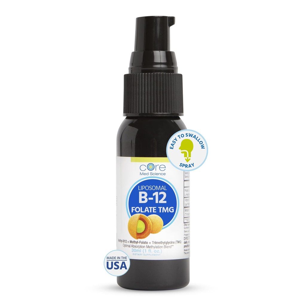 Core Med Science Liposomal B12 Folate TMG Liquid Spray Supplement for Women &amp; Men - Supports Mood, Cognitive, & Heart Health - Vitamin B9 & Betaine for Homocysteine Levels " Methylation Cycle, 1 Fl Oz