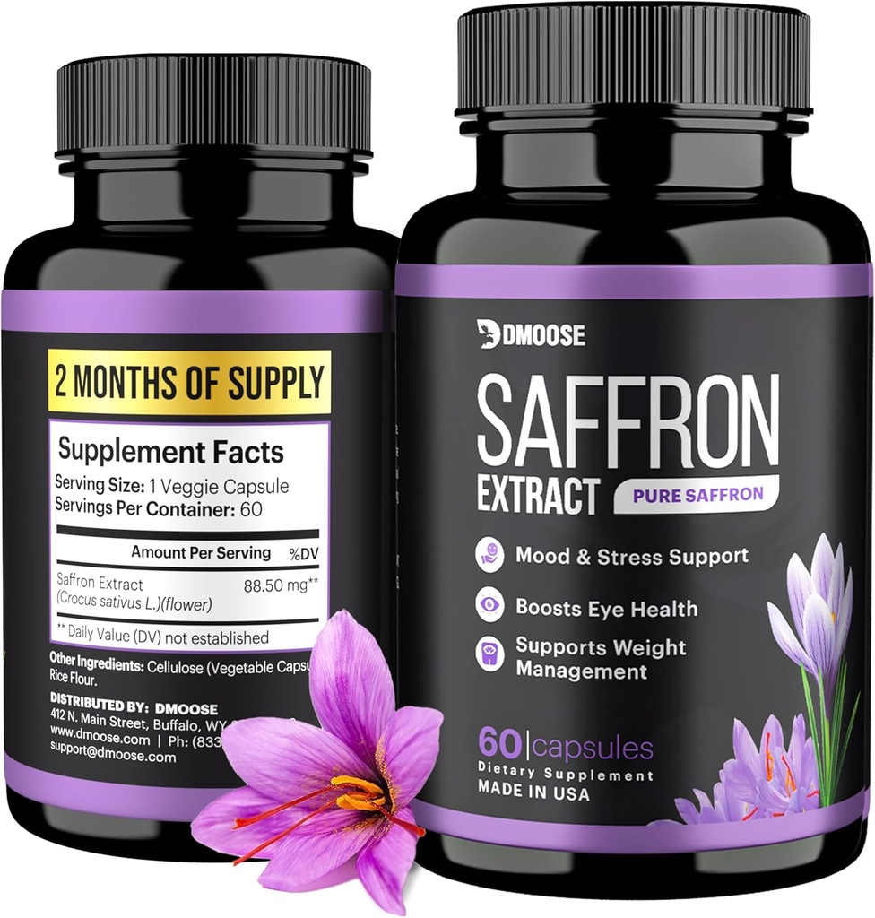 DMoose Saffron Extract (88,5 mg) - Enhance Energy, Support Eye Health - Non-GMO Saffron Supplement for Men ' Women - 60 Capsules (2 Meses Serving) (60 Cuenta)