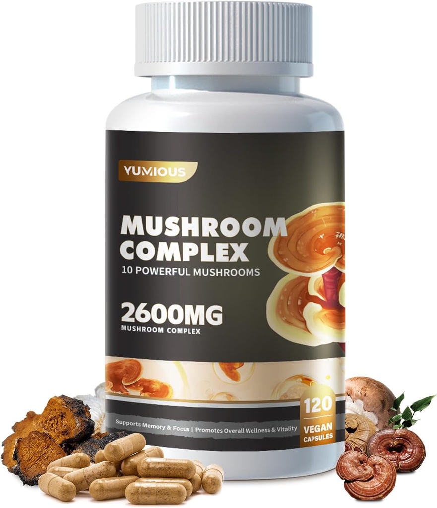 Mushroom Complex Supplement 2600mg, 120 Capsules - 10 Mushrooms Blend - Reishi, leones mane suplemento cápsulas,Lions Mane, Cordyceps, Chaga, Turquía Tail, Maitake, Shiitake, Oyster Nootropic Complex