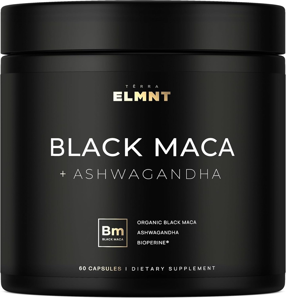 ELMNT 40,000mg 40x Strength Organic Black Maca Root w. Ashwagandha - #1 Highest Potency Black Maca Root Capsules for Men Suplemento 40:1 Extracto - 100% Pure Maca Peruana Maca Powder Pills Gelatinized