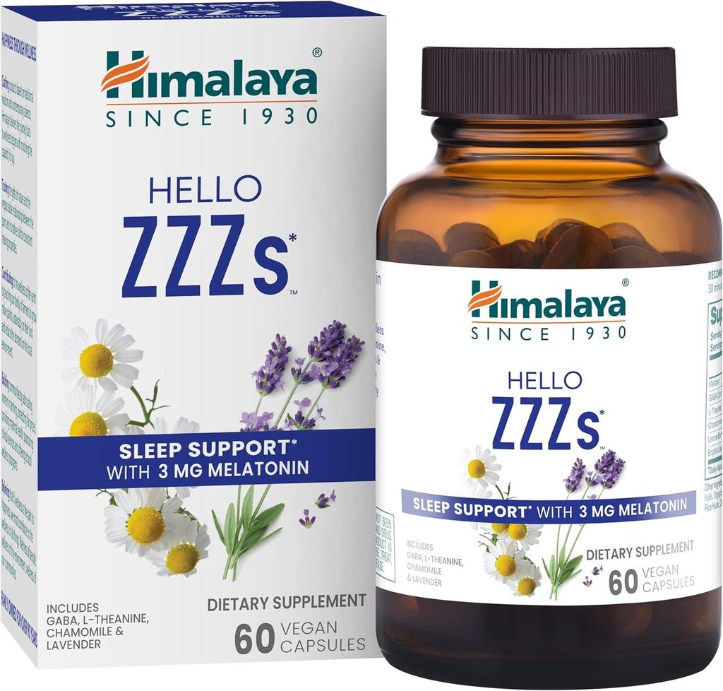 Himalaya Hello ZZs, 60 Day Supply - Herbal Sleep Supplement with Melatonin, GABA, L-Theanine, Lavender, Chamomile and Lemon Balm - Vegan, Non-GMO, Gluten Free, 60 Capsules